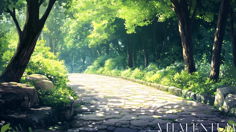 Stone pathway through luminous forest canopy with dappled sunlight filtering through dense vegetatio