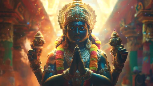 Radiant temple deity bathed in golden morning light.