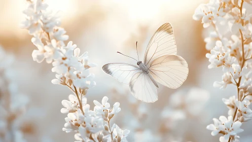 Translucent butterfly hovers between soft white blossoms