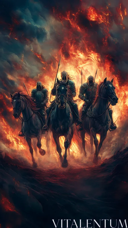 Armored horsemen charge through fire and stormy sky.