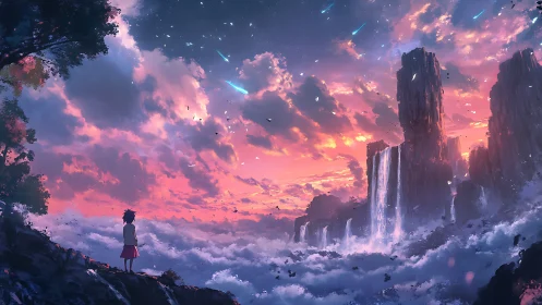 Solitary child studies sky over cascading cloud waterfalls
