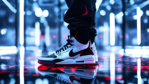 High-contrast sneaker macro in neon-lit reflective corridor environment