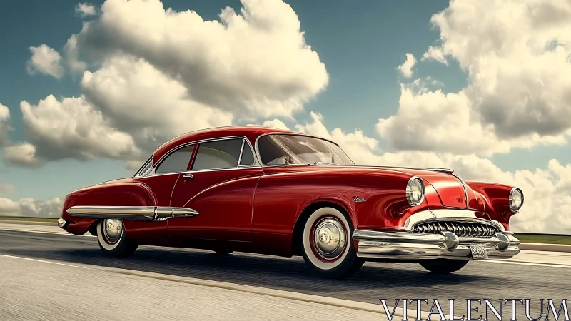 Glorious red classic car glides along a bright open highway