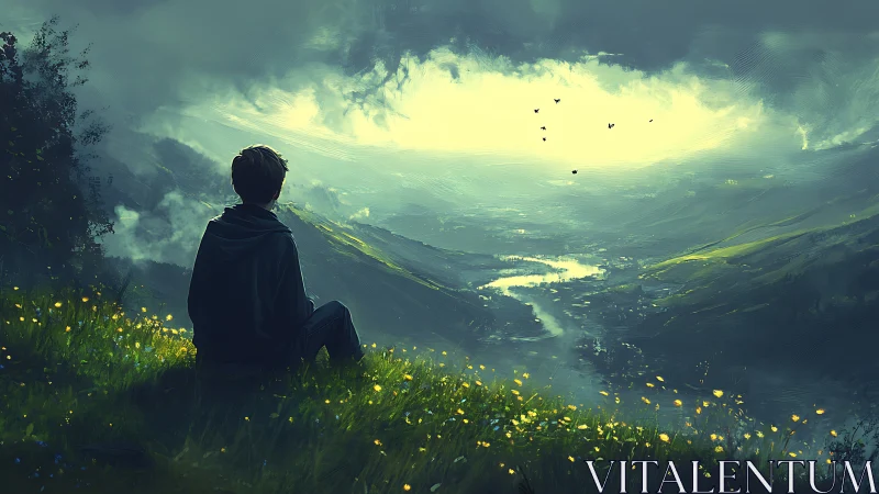 Solitary figure overlooking misty river valley at dawn