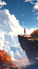 Solitary figure on cliff edge under vast starry sky.