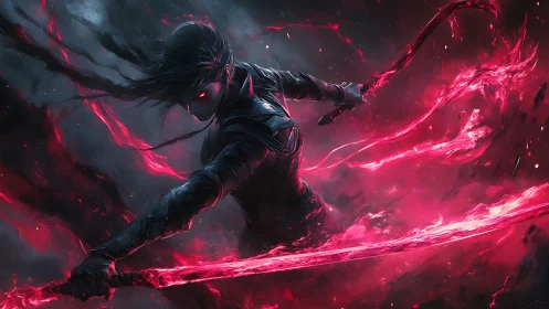 Neon-edged cyber warrior unleashes twin energy blades in combat