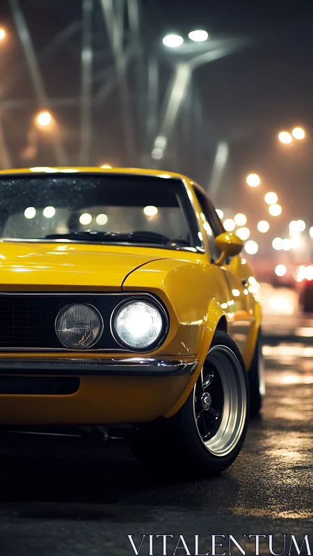 Photorealistic low-angle portrait of yellow retro coupe at night.