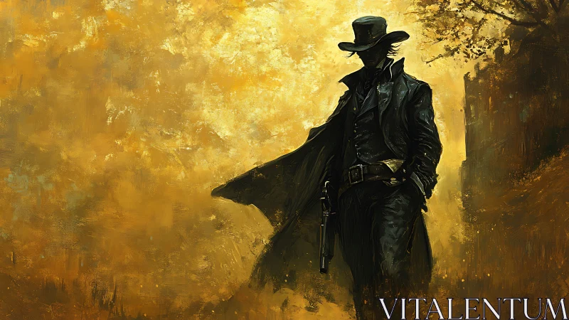 Noir gunslinger silhouette in saturated ochre atmospheric field.