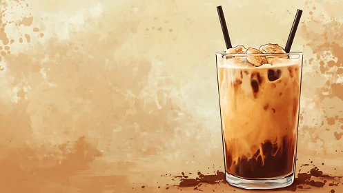 Iced Coffee Drink with Black Straws on Beige Background