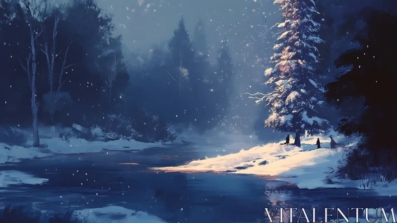 Nocturnal winter forest river with localized warm light source