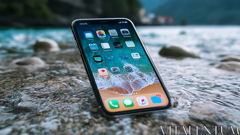 Modern Smartphone Glows Among Beach Stones