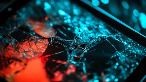 Shattered screen glowing in electric red and blue light.