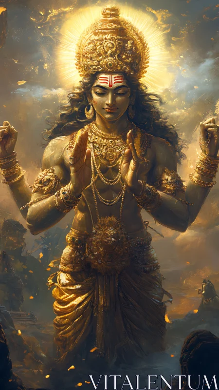 Radiant golden deity towering amid swirling battle haze.