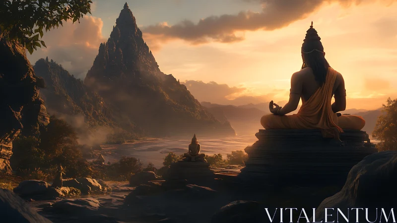Sunlit mountain meditation scene radiates sacred tranquility