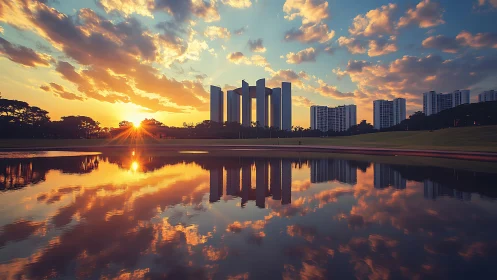 Golden city sunrise welcomes calm reflections on the water