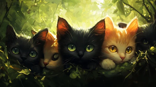 Three Forest Cats with Luminous Eyes in Verdant Woodland.