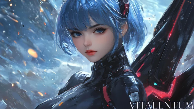Blue haired pilot in glossy exosuit stands in icy battlefield