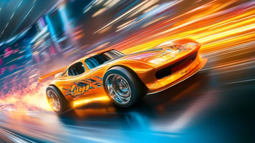 Flaming orange race car blazing through neon tunnel track.