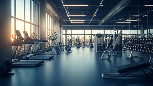 Modern high rise gym interior with cardio and weight zones.