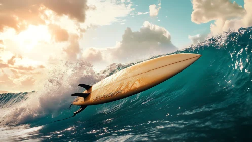 Runaway surfboard rockets skyward on a turquoise breaker