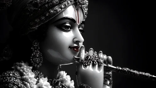 Monochrome devotional sculpture portrait with ornate flute details.