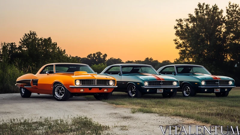 Sunset meet-up with bold classic muscle car trio.