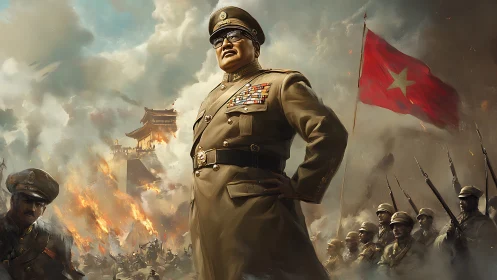 Triumphant general before burning city and war-torn sky.