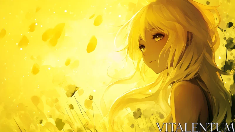 Backlit blonde anime girl in golden atmospheric bokeh field