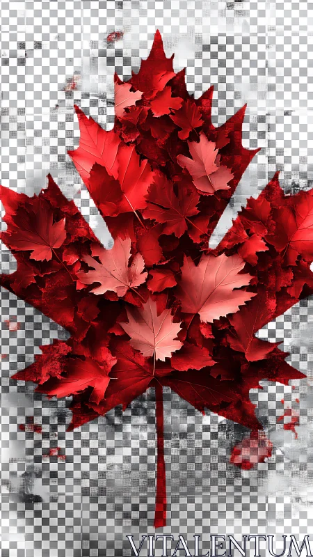 Layered red maple leaf collage on transparent grid.
