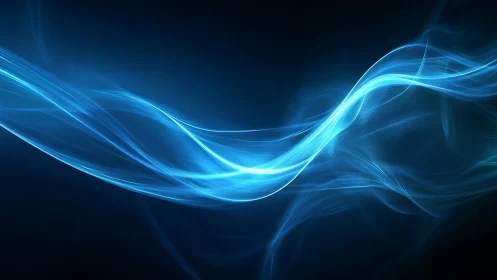 Luminous blue energy waves curve across a dark digital void