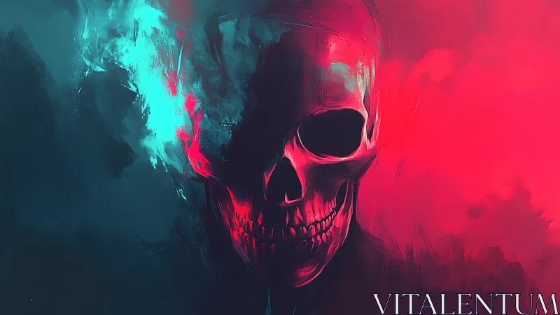 Neon skull drifts between cyan shadows and crimson haze.