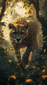 Cheetah advances through sunlit forest corridor with cinematic depth