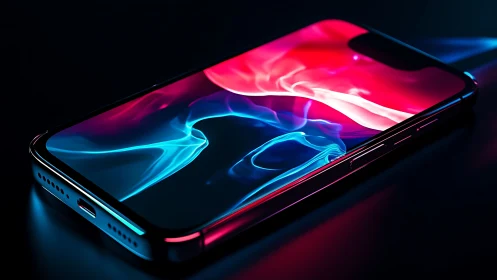 Glowing smartphone with vibrant neon waves of color at rest.