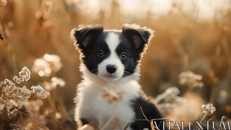 Black and white puppy in dry grass field at golden hour.