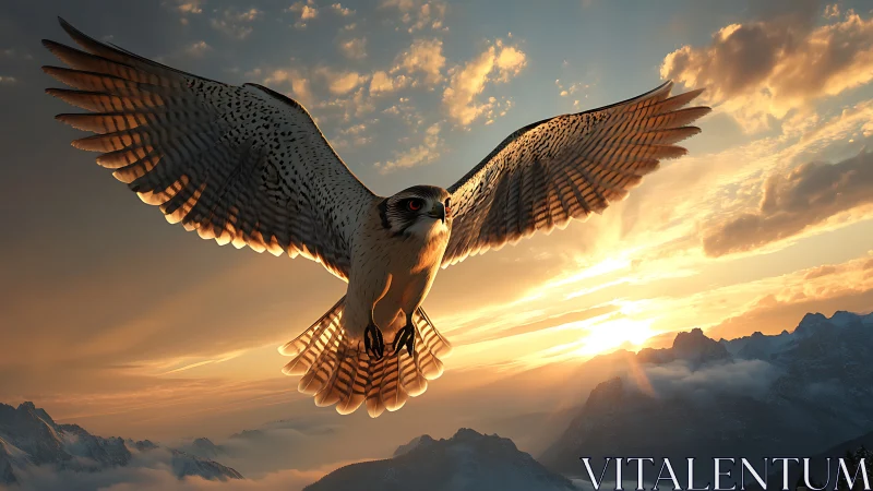 Majestic falcon soaring over mountains at sunrise, photorealistic style.