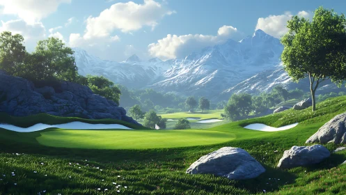 Mountain golf fairway under crisp alpine daylight glow.