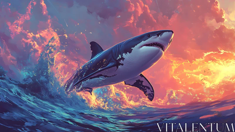 Majestic great white shark bursts through neon sunset surf