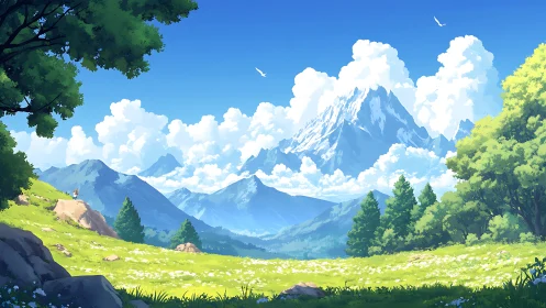 Sunlit alpine meadow below towering snowcapped peaks.