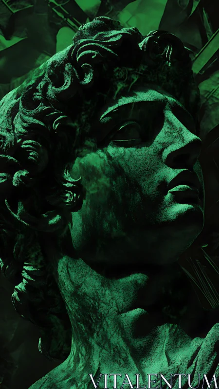 Green-lit classical marble bust with dramatic shadows.
