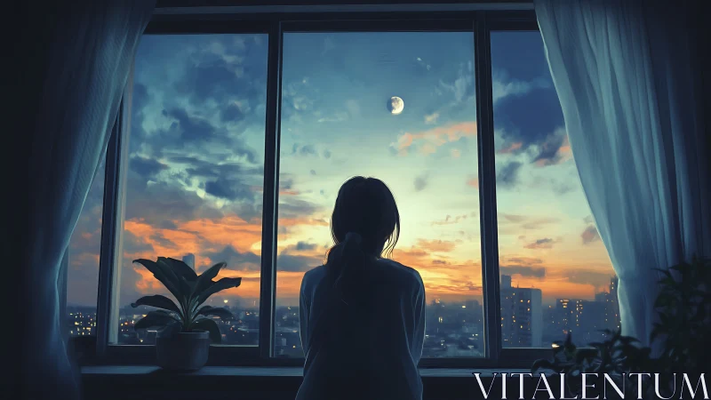 Nocturnal cityscape study with silhouetted observer at window.