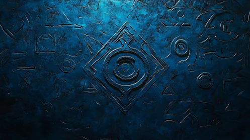 Mysterious Blue Engraved Symbol on Textured Stone Background.