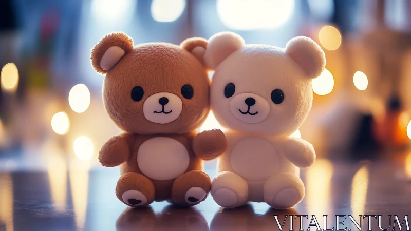 Two plush teddy bears on reflective surface at night.