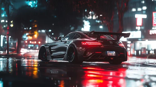 Mercedes sports coupe accelerates through neon soaked night street