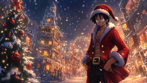 Santa-suited anime pirate stands in glowing snowy street
