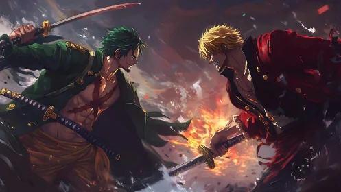 Sword-wielding rivals clashing amid dynamic fiery storm.