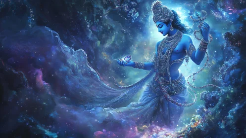Celestial blue deity dances gently through glowing cosmic seas