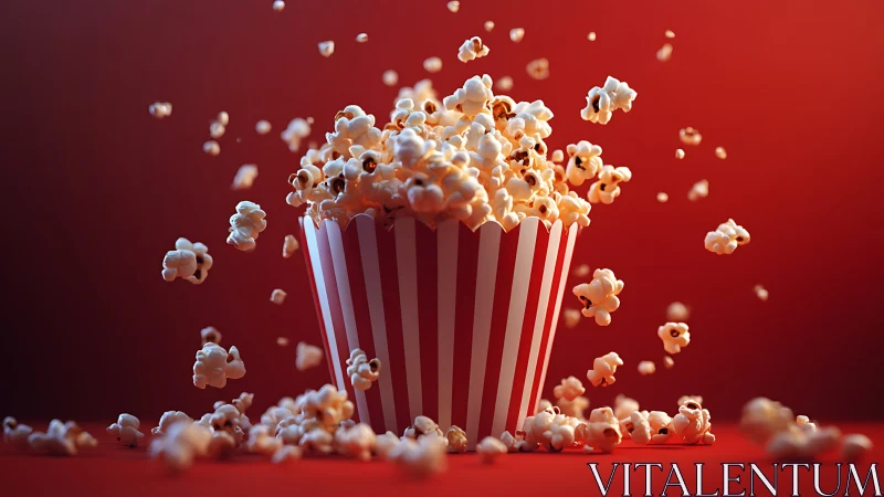 Runaway popcorn bursts from its striped bucket in midair
