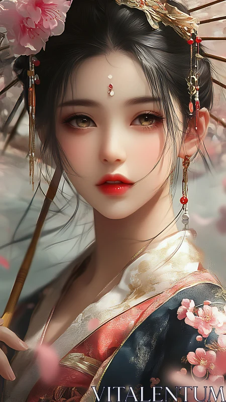 Elegant geisha style portrait with floral kimono and parasol.
