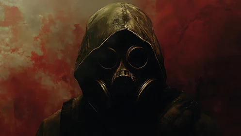 Hooded gasmask wanderer studies the poisoned crimson dusk