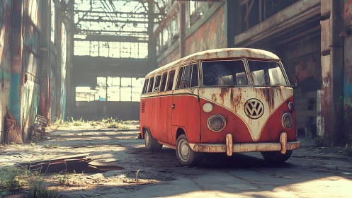 Rust-kissed retro van dreaming in a sunlit factory shell.